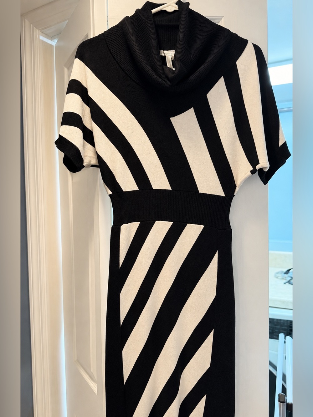 Max & Cleo Black and Cream Striped Cowl Neck Women’s Sweater